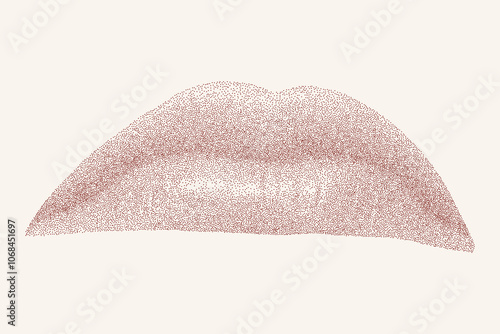 Sad lips in stipple dot style. Red textured mouth on light background, retro element with photocopy effect, gritty, dusty vintage banner.