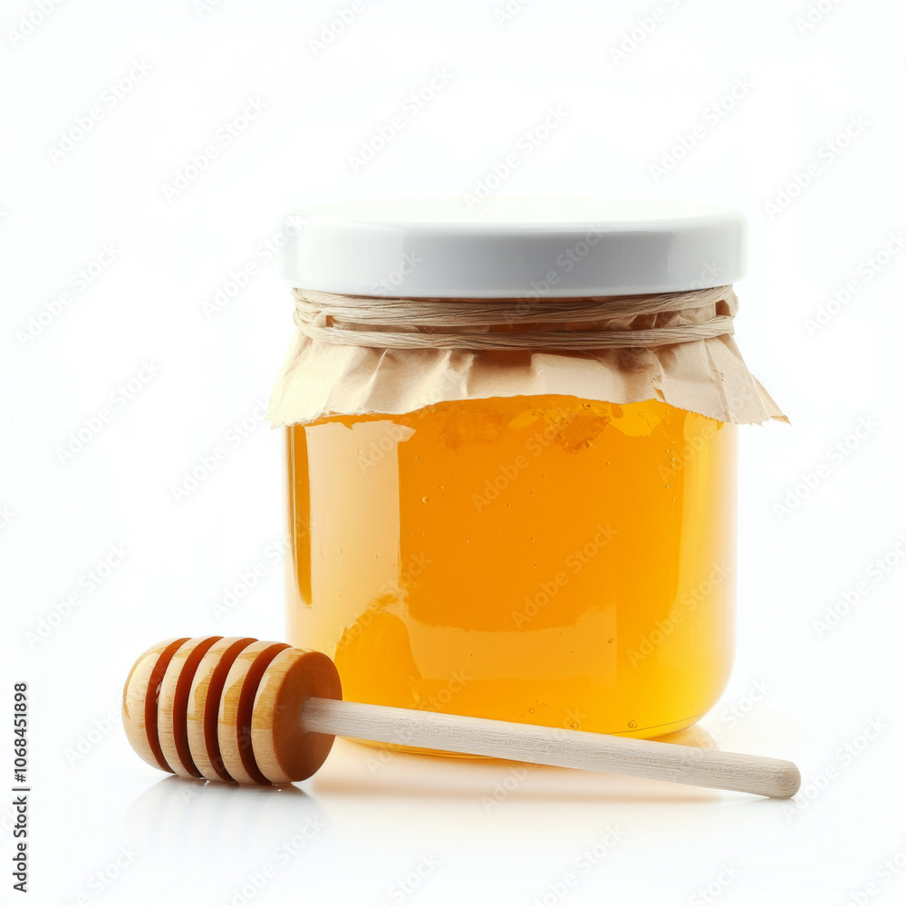 Delightful and bright honey in glass jar with wooden dipper, perfect for sweetening beverages or desserts. This natural product showcases its rich golden color and smooth texture Delightful and bright honey in glass jar with wooden dipper, perfect for sweetening beverages or desserts. This natural product showcases its rich golden color and smooth texture