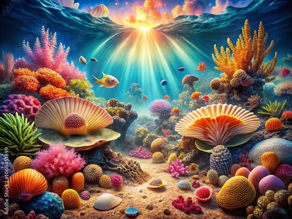 Surreal Underwater Scene with a Fantasy Landscape of Shells, Coral Reefs, and Dreamlike Marine Creatures in a Vivid Color Palette and Soft Lighting Effects Surreal Underwater Scene with a Fantasy Landscape of Shells, Coral Reefs, and Dreamlike Marine Creatures in a Vivid Color Palette and Soft Lighting Effects