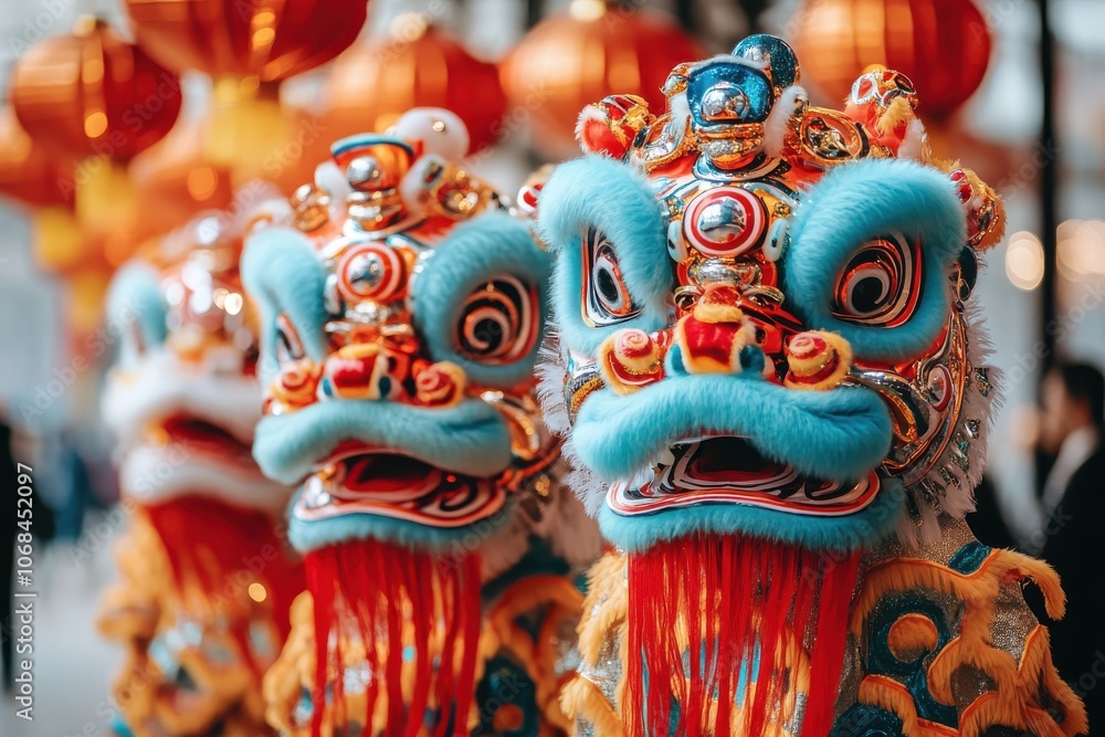 Obraz premium Colorful lion dance masks on display, adorned with intricate designs.