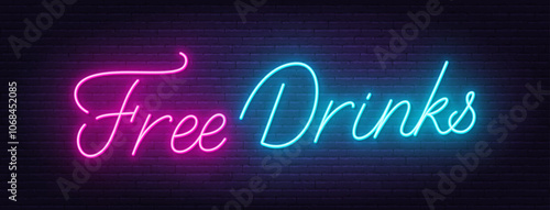 Free Drinks Neon Sign on brick wall background.