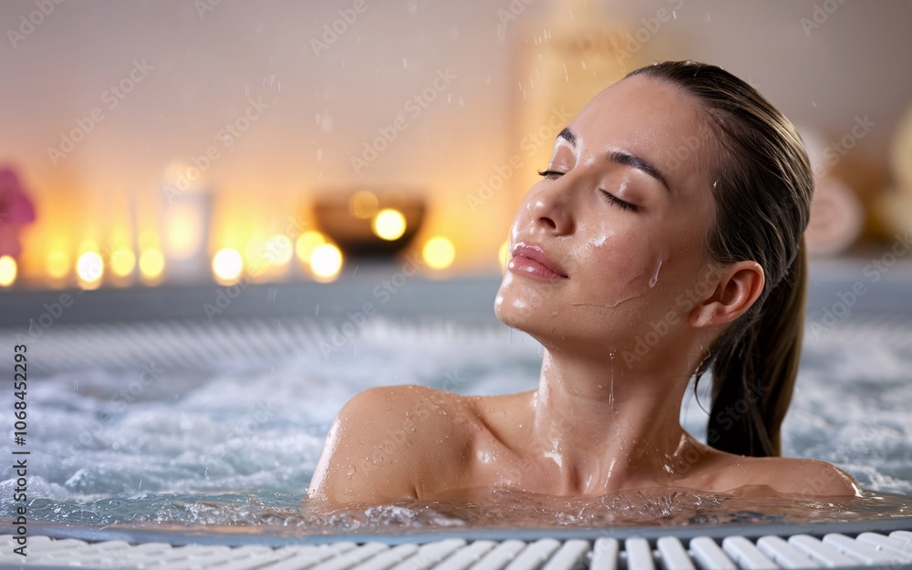 Fototapeta premium Woman relaxing in a hot tub with water droplets on her face.