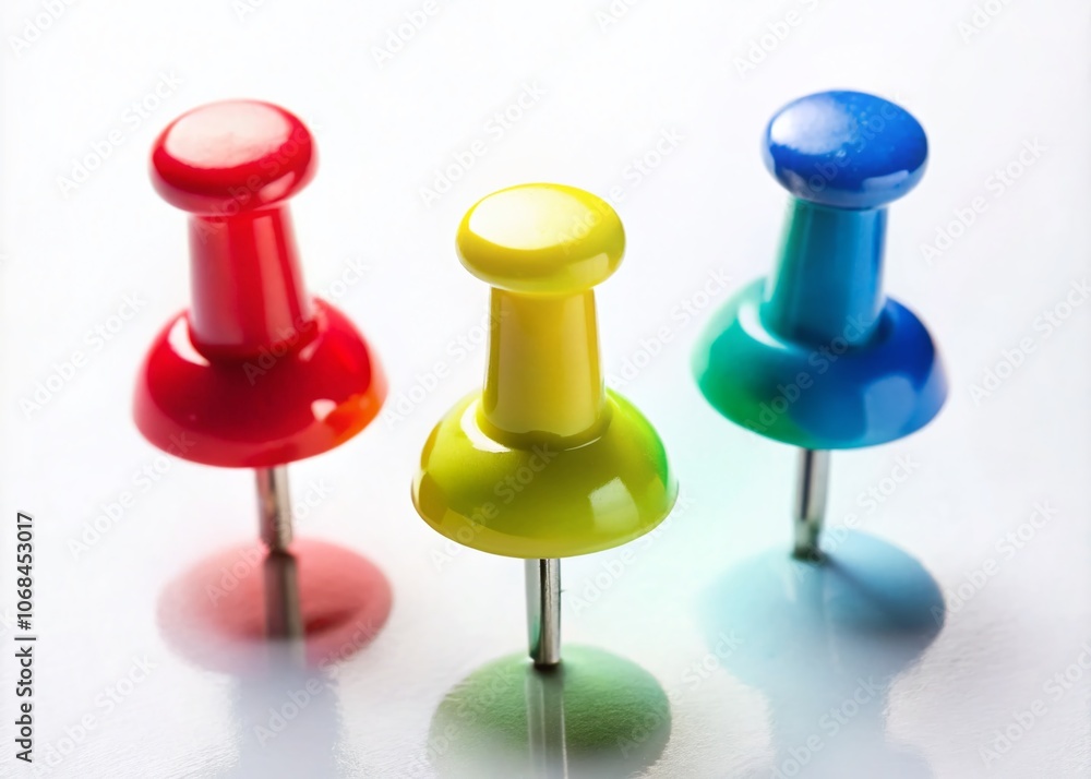 Three Colorful Push Pins Arranged on a White Surface for Office Supplies and Organization - Ideal Background for Stationery or Creative Projects Three Colorful Push Pins Arranged on a White Surface for Office Supplies and Organization - Ideal Background for Stationery or Creative Projects