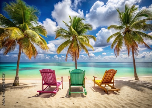 Three Colorful Beach Chairs on a Stunning Caribbean Coastline with Crystal Clear Waters and Palm Trees in the Background, Perfect for Summer Vacation and Relaxation Imagery