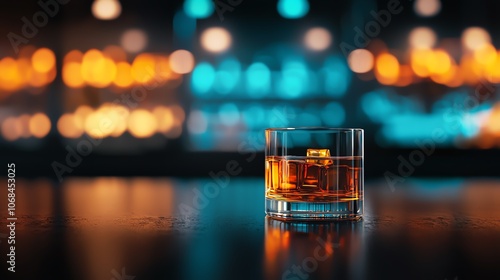 Elegant Japanese whisky glass on polished bar, warm amber tones, blurred bottle shelves, dim lighting, refined atmosphere photo