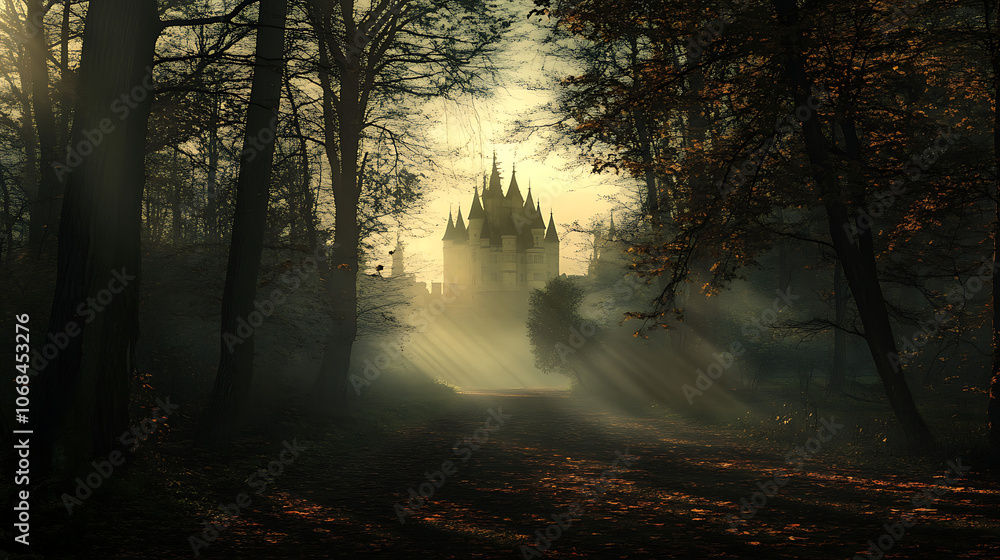 A foggy forest scene featuring a shadowy castle in the background, with warm lantern light casting long shadows on the ground A foggy forest scene featuring a shadowy castle in the background, with warm lantern light casting long shadows on the ground