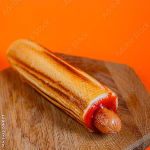 Grilled hot dog wrapped in toasted bread with ketchup on a wooden surface against an orange background. Studio food photography. Fast food and snack concept. Design for poster, banner, menu, wallpaper