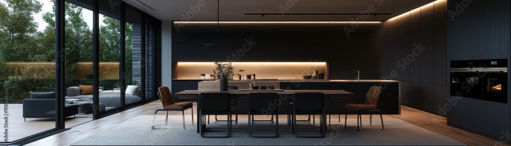 Fototapeta premium Chic contemporary dining room featuring a stunning statement light fixture for a modern touch.