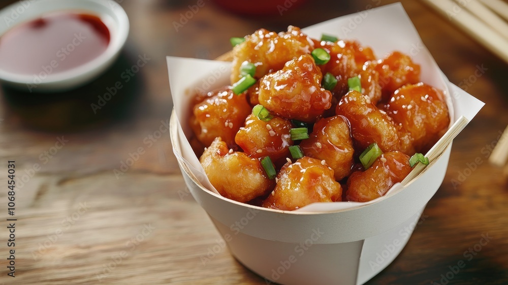 Sweet and sour crispy chicken bites in paper cup Sweet and sour crispy chicken bites in paper cup