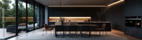 Chic contemporary dining room featuring a stunning statement light fixture for a modern touch.