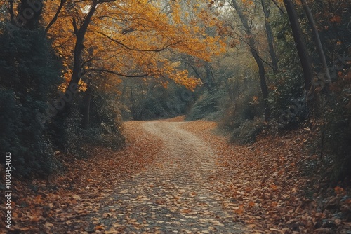 Winding Path Through Autumn Forest: A Serene Journey Amidst Golden Leaves and Tranquil Nature