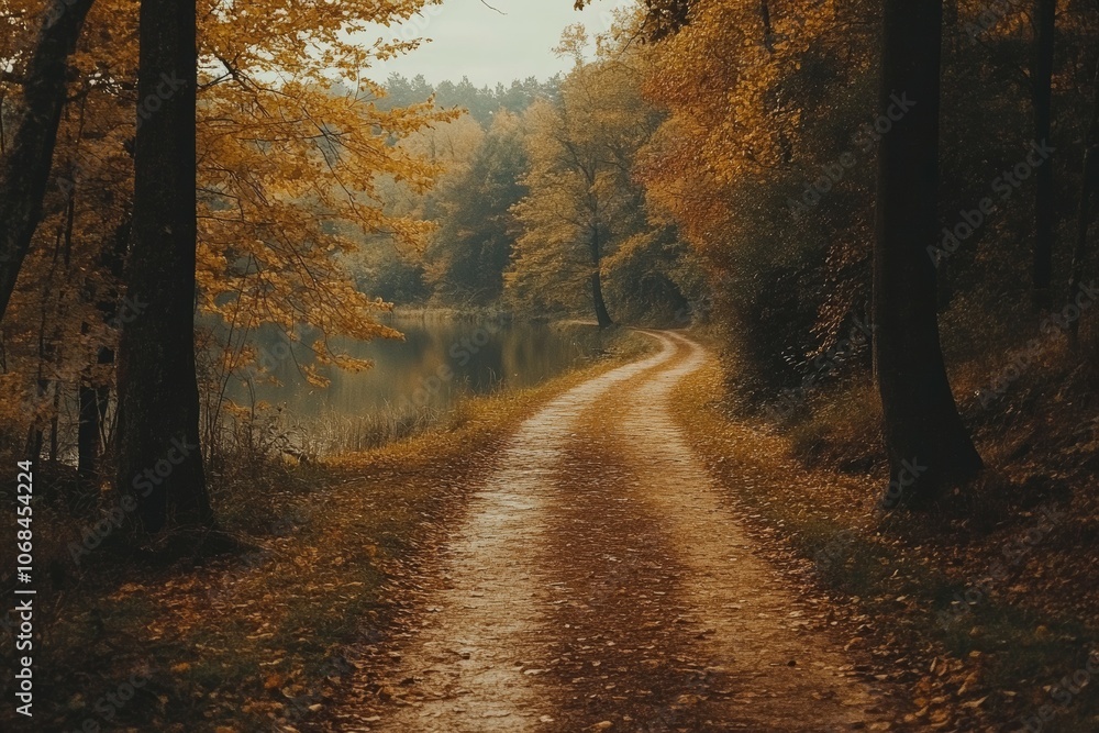 A Serene Autumn Path: Embracing the Tranquility of Fall Foliage Along a Winding Trail by the Water's Edge. A Serene Autumn Path: Embracing the Tranquility of Fall Foliage Along a Winding Trail by the Water's Edge.