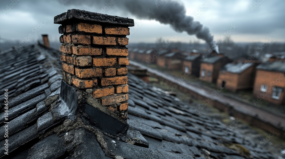 Naklejka premium A cozy urban house with a black roof, chimney releasing smoke, set against a backdrop of rustic homes under a cloudy sky