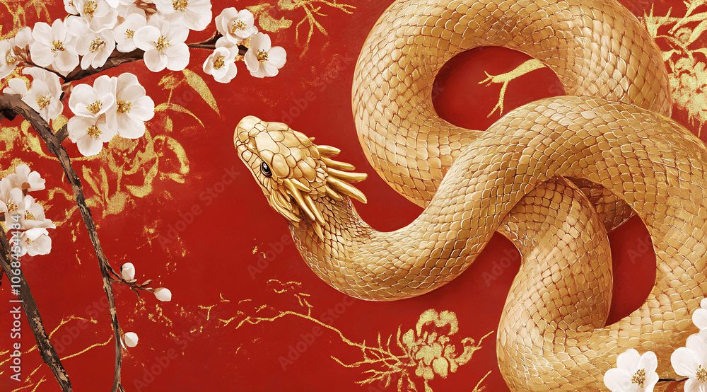 Golden snake in cherry blossoms Golden snake in cherry blossoms