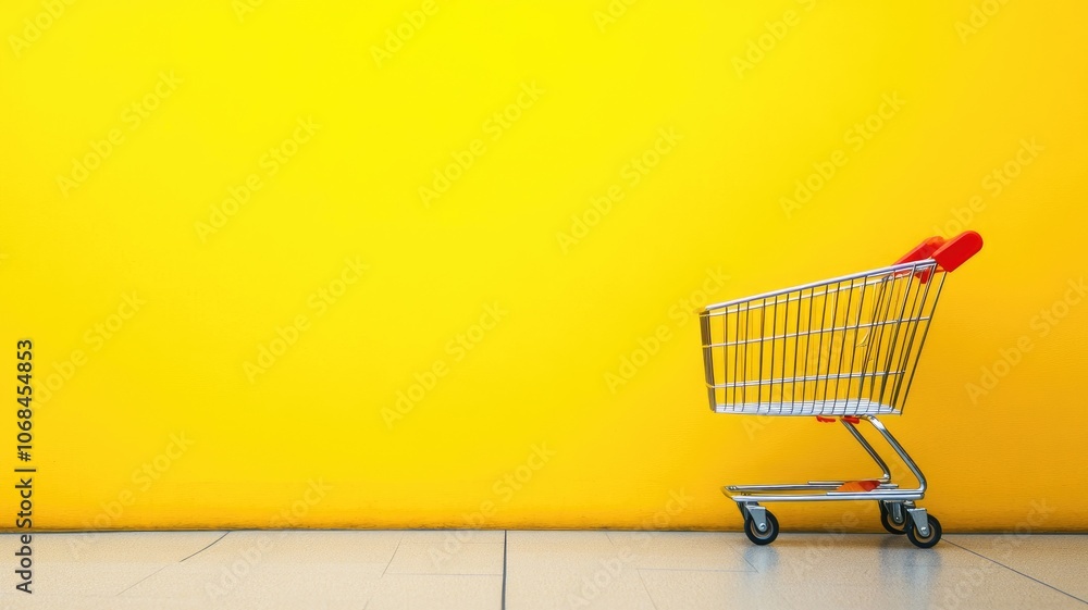 Empty shopping cart against bright yellow wall on tiled floor Empty shopping cart against bright yellow wall on tiled floor