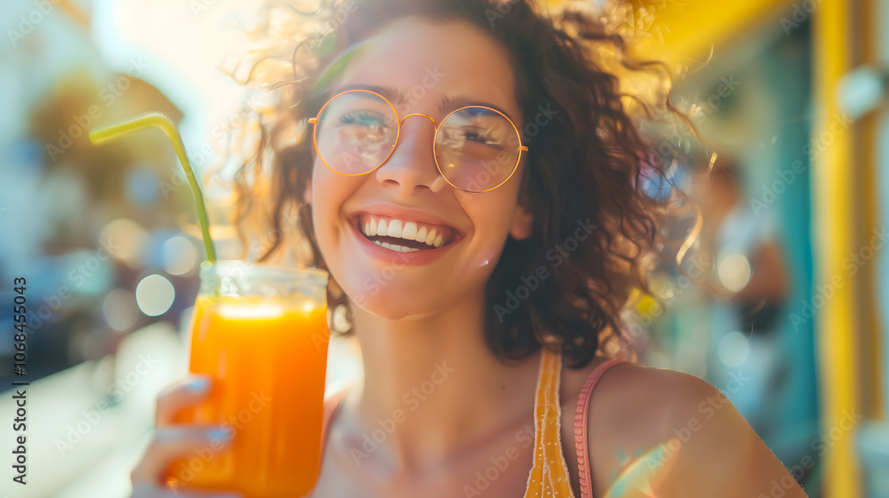 Happy young woman enjoying fresh juice on a sunny day Happy young woman enjoying fresh juice on a sunny day