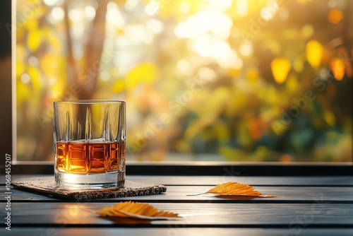 Fine glass of Japanese whisky on dark wood, warm amber light, soft blurred background, timeless elegance, luxury drinking experience photo