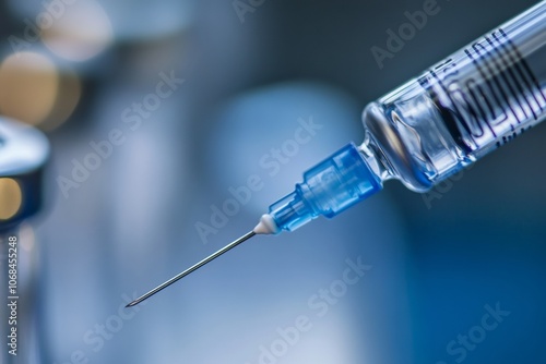 A syringe is poised for use, with a clear needle aimed at a vial in a clinical environment, highlighting the importance of medical preparations in healthcare