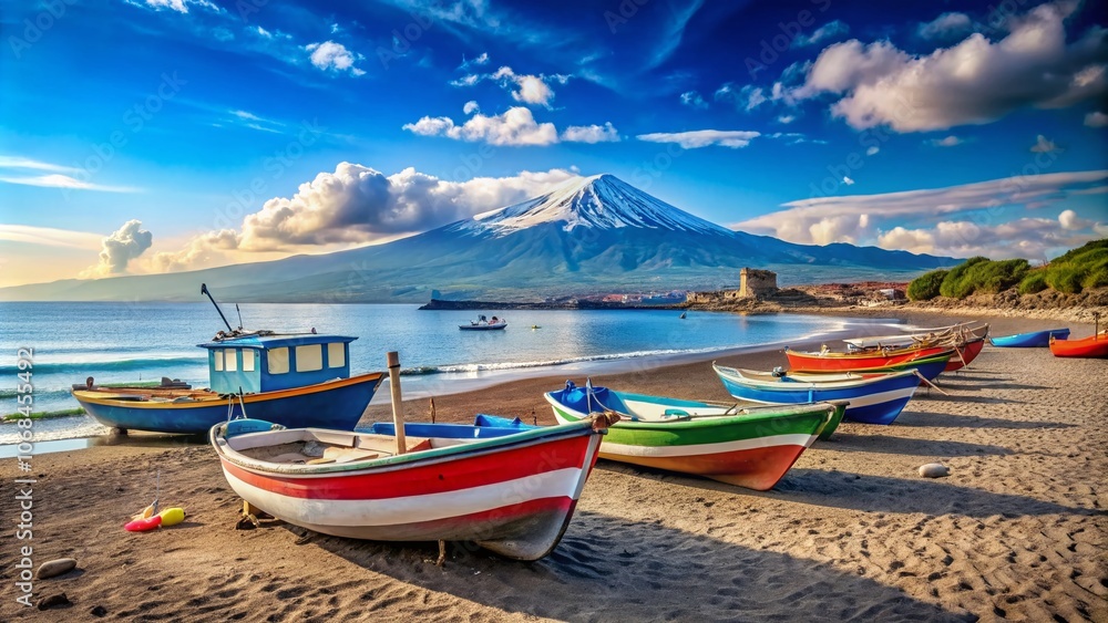 Tranquil Scene of Boats on the Beach with Majestic Mount Etna in the Background, Perfect for Urban Exploration and Coastal Photography Enthusiasts Tranquil Scene of Boats on the Beach with Majestic Mount Etna in the Background, Perfect for Urban Exploration and Coastal Photography Enthusiasts
