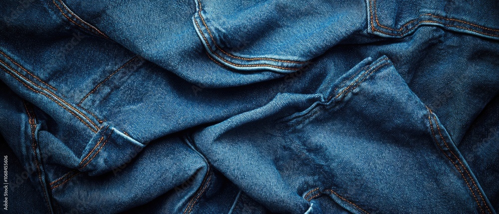 Naklejka premium Close-up of blue denim fabric with textured wrinkles.