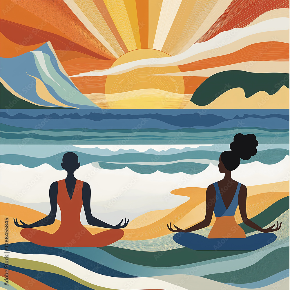 Two Black travelers practice yoga on a tranquil beach, surrounded by stunning sunset colors and gentle waves lapping at the shore, creating a peaceful atmosphere Two Black travelers practice yoga on a tranquil beach, surrounded by stunning sunset colors and gentle waves lapping at the shore, creating a peaceful atmosphere
