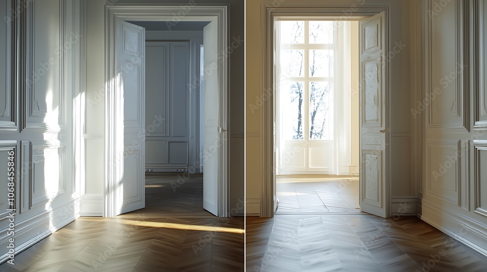A serene interior scene showcasing two open doors, one leading to a shadowy space and the other to a sunlit room with a view. A serene interior scene showcasing two open doors, one leading to a shadowy space and the other to a sunlit room with a view.