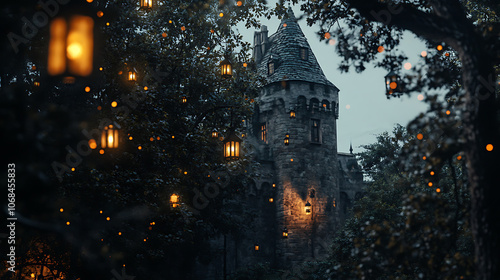 A spooky yet warm view of a castle tower peeking through the trees, lit by lanterns that flicker in the cool evening breeze 