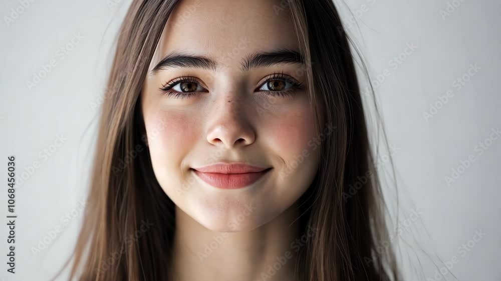 A young woman with long brown hair smiles softly at the camera A young woman with long brown hair smiles softly at the camera