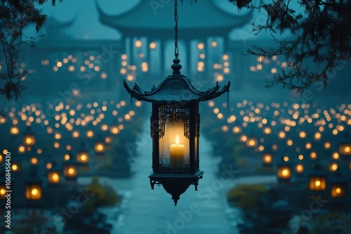 A beautifully lit lantern in a tranquil setting surrounded by glowing candles. photo