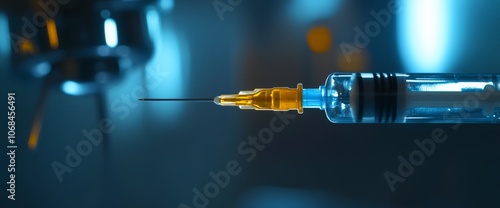 A syringe with a clear needle is filled with a yellow liquid, positioned on a laboratory table illuminated by blue lighting, suggesting a clinical environment