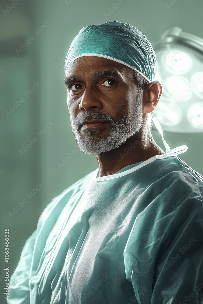 Cinematic portrait of a surgeon in a sterile operating room preparing for a complex medical procedure during daylight hours Cinematic portrait of a surgeon in a sterile operating room preparing for a complex medical procedure during daylight hours