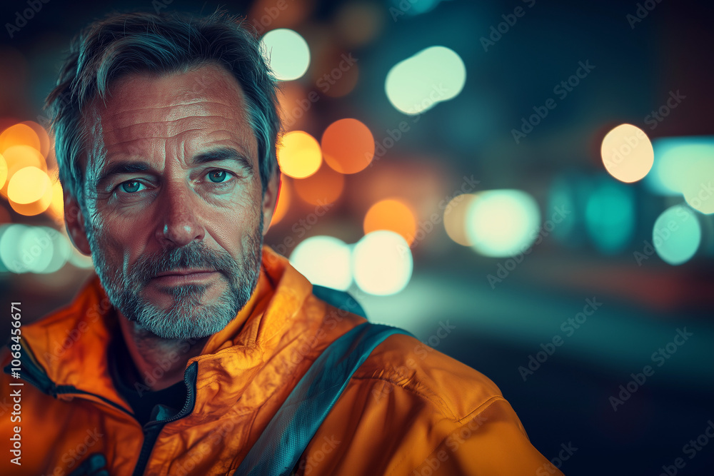 Cinematic portrait of a contemplative taxi driver at night, illuminated by vibrant city lights and a bustling urban backdrop Cinematic portrait of a contemplative taxi driver at night, illuminated by vibrant city lights and a bustling urban backdrop
