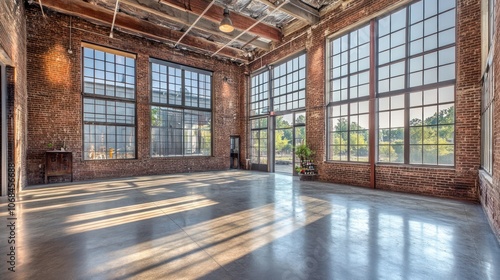 An industrial warehouse with exposed brick and large windows,