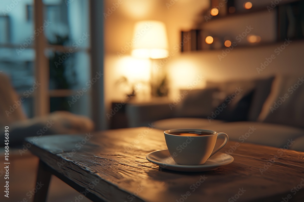A cozy scene featuring a cup of coffee on a wooden table, illuminated by soft ambient lighting in a relaxing living space. A cozy scene featuring a cup of coffee on a wooden table, illuminated by soft ambient lighting in a relaxing living space.