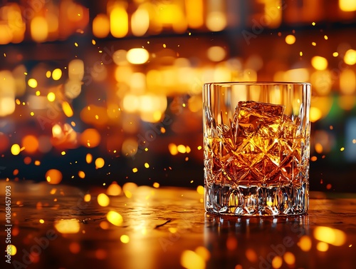 Japanese whisky in crystal tumbler on dark bar, warm amber glow, blurred bottle shelves, rich atmosphere, classic luxury drinking moment