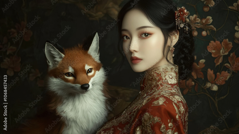 Elegant Woman in Traditional Chinese Dress with a Fox Elegant Woman in Traditional Chinese Dress with a Fox