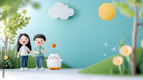 Cheerful friends playing with yo yos and Tamagotchis in a sunlit park setting a nostalgic and whimsical scene evoking the carefree spirit of childhood and the joy of simple pleasures photo