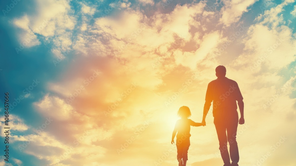 Fototapeta premium Father and child holding hands, walking against sunset sky, invoking sense of warmth connection