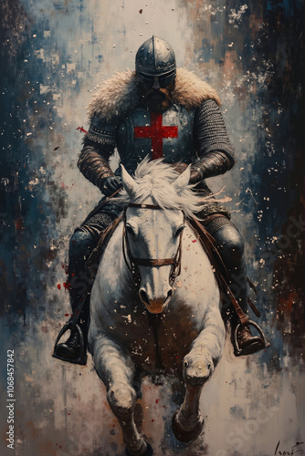 A painting of a knight riding a white horse