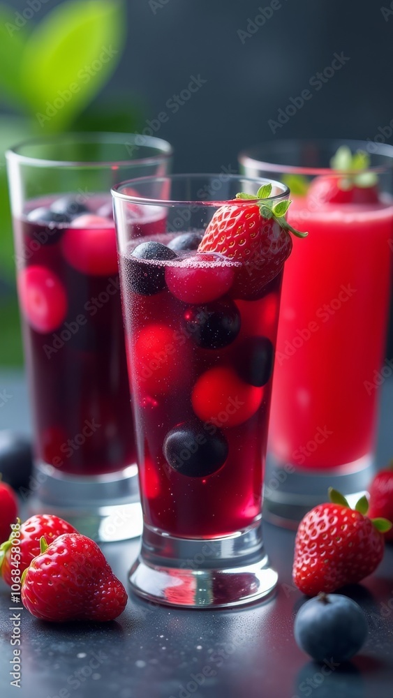 Three glasses of fruit punch with strawberries and blueberries on top Three glasses of fruit punch with strawberries and blueberries on top
