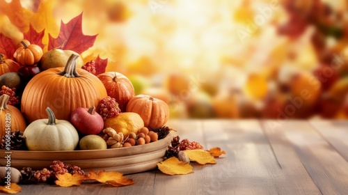 Festive fall centerpiece, a bowl overflowing with pumpkins and colorful autumn leaves photo