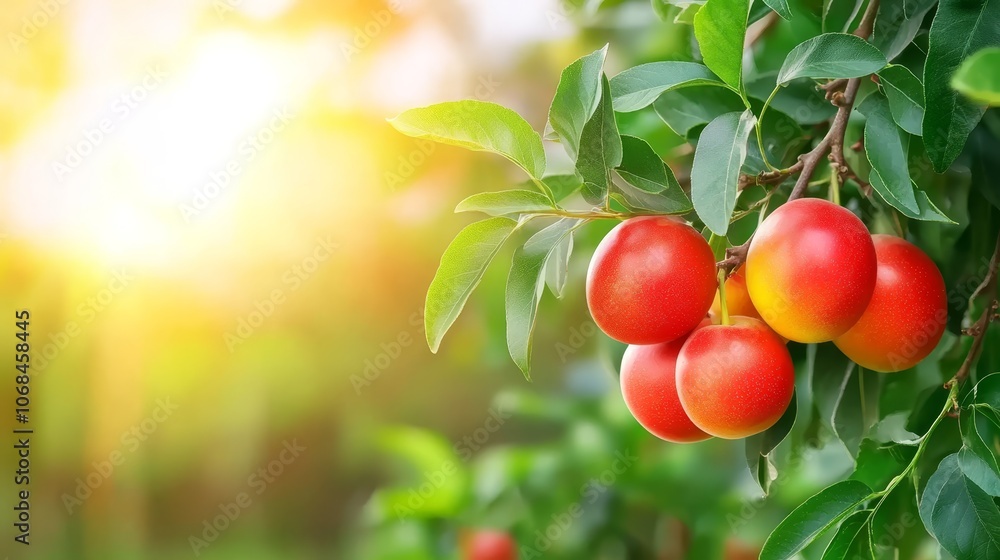 Closeup of ripe red apples on a tree branch in an orchard, ready for harvest. Closeup of ripe red apples on a tree branch in an orchard, ready for harvest.