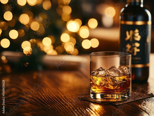 Japanese whisky in delicate snifter, dark bar counter, warm light, soft blurred background, highend and luxurious drinking culture