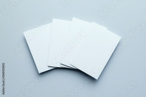 white rectangular blank 3 postcards lie spread out on desktop, minimalism, simple, style, background white background
