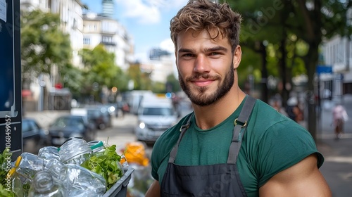 Portrait of a young smiling man filling up his reusable water bottle at a public station showcasing his commitment to sustainable and eco friendly practices while out and about in the city