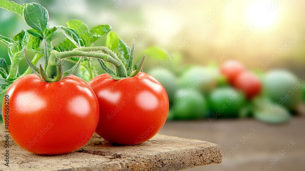 Closeup of two vibrant red tomatoes on a rustic wooden cutting board, fresh and healthy ingredient Closeup of two vibrant red tomatoes on a rustic wooden cutting board, fresh and healthy ingredient