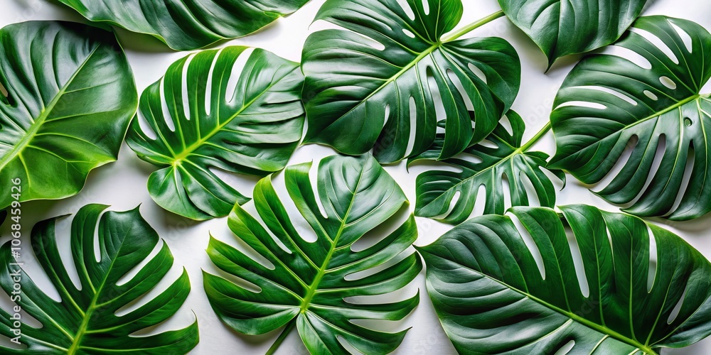 Elegant Flat Lay of Monstera Green Leaves on White Background for Nature and Interior Design Lovers Elegant Flat Lay of Monstera Green Leaves on White Background for Nature and Interior Design Lovers