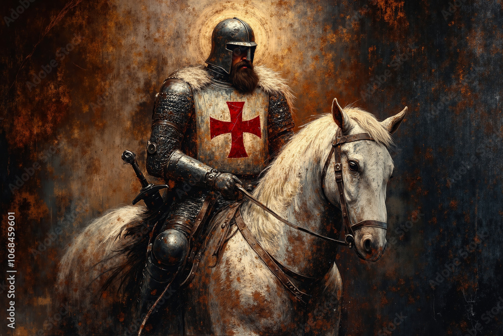 A man in armor riding on the back of a white horse A man in armor riding on the back of a white horse