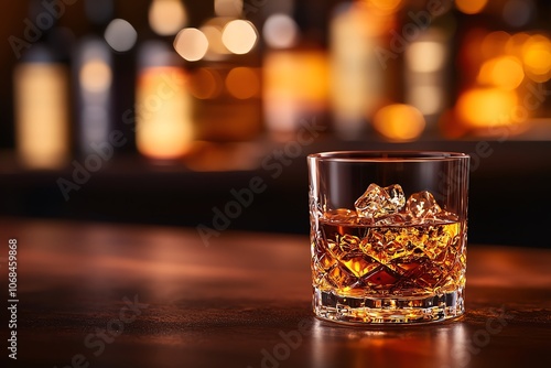 Japanese whisky in vintage tumbler on dark bar, rich amber hues, blurred spirits behind, warm lighting, classic and luxurious scene