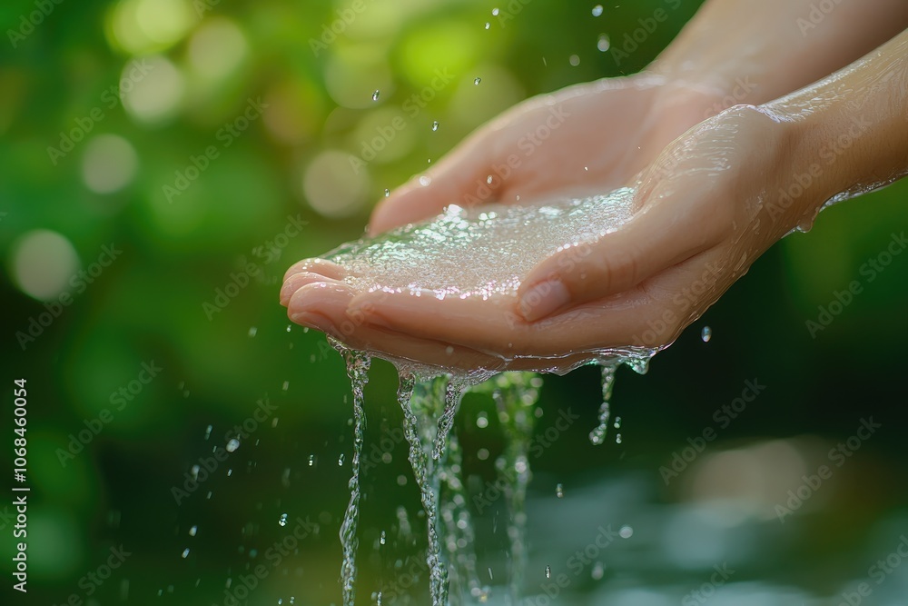 Fototapeta premium A person is gently holding a steady stream of water in their hands